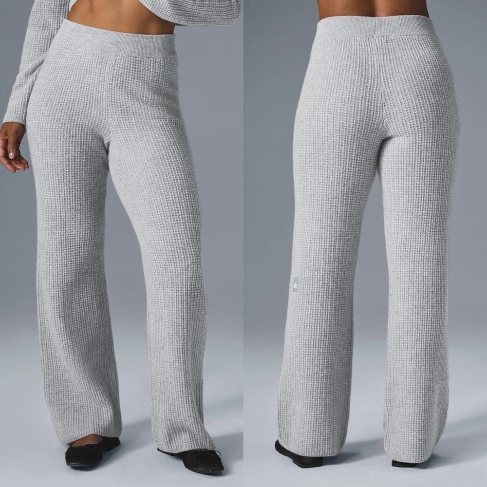 Alo Cashmere High Waist Plush Waffle Knit Pant Heather Grey Small NWT